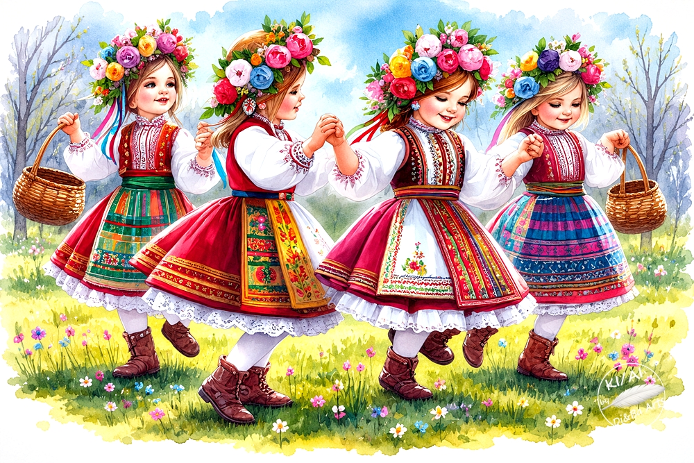 Bulgarischer Ostertanz im blühenden Frühling
