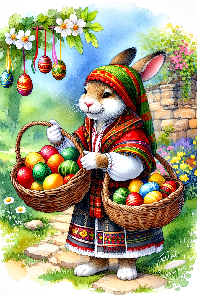 Bulgarischer Osterhase mit bunten Ostereiern