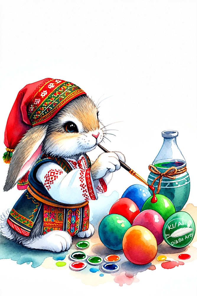Bulgarischer Osterhase beim Eierfärben