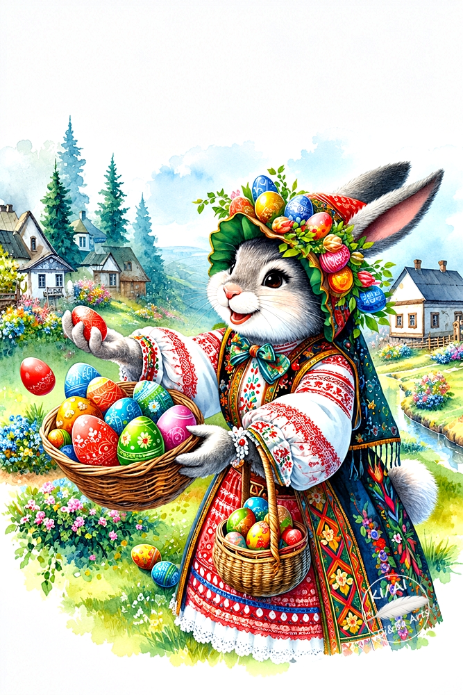 Bulgarischer Osterhase mit buntem Eierkorb