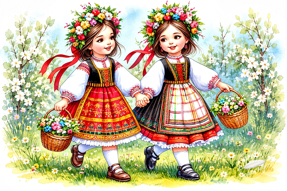 Bulgarische Blumenmädchen im Osterfrühling