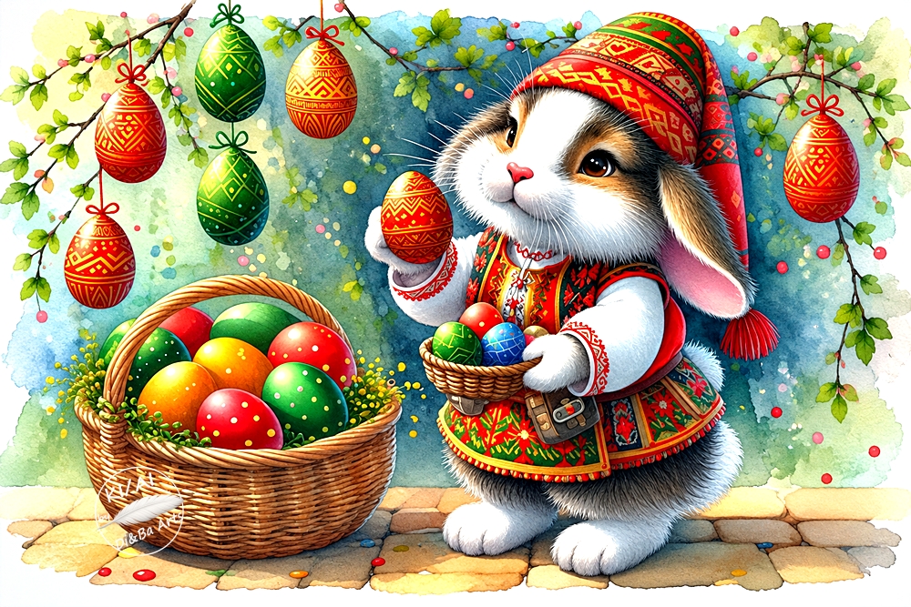 Bulgarischer Osterhase mit traditionell verzierten Eiern