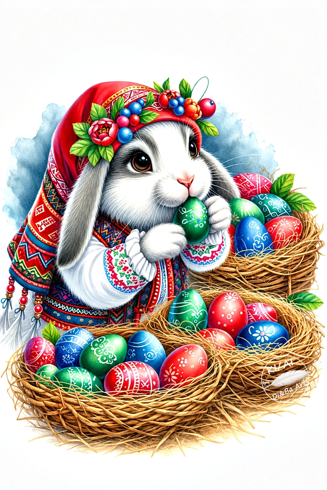 Bulgarischer Osterhase mit bunten Osternestern