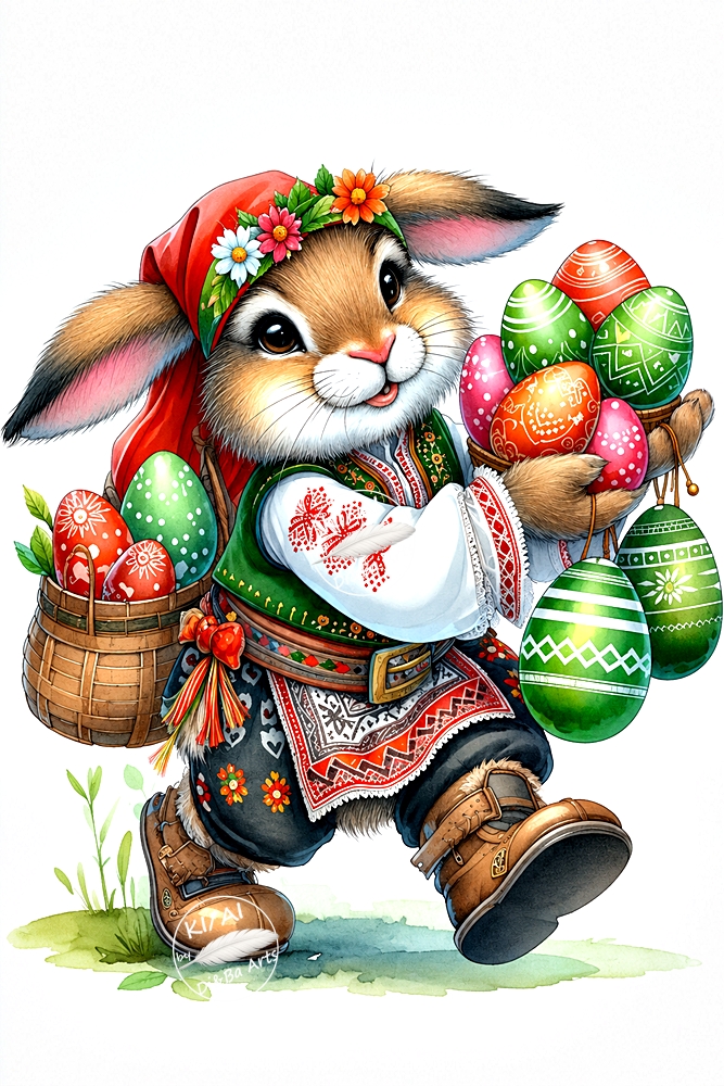 Fröhlicher Osterhase mit bunten Ostereiern