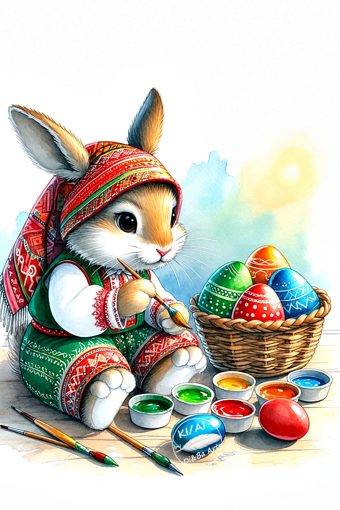 Bulgarischer Osterhase beim Eierbemalen