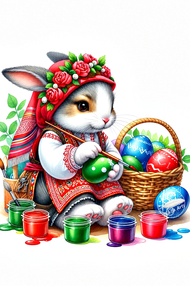Bulgarischer Osterhase bemalt ein grünes Osterei