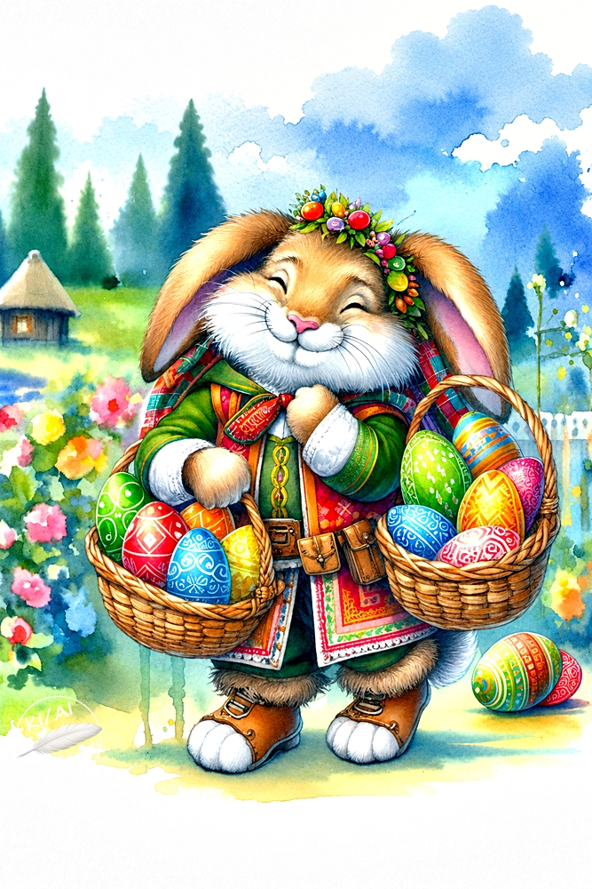Glücklicher Osterhase mit zwei Eierkörben