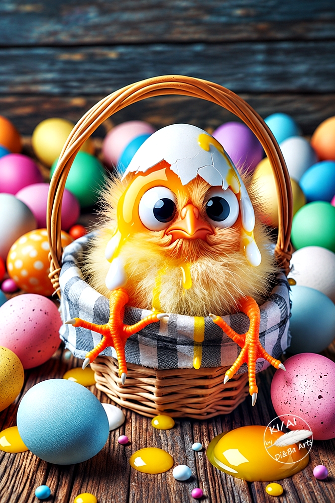 Küken mit Eierschale auf dem Kopf