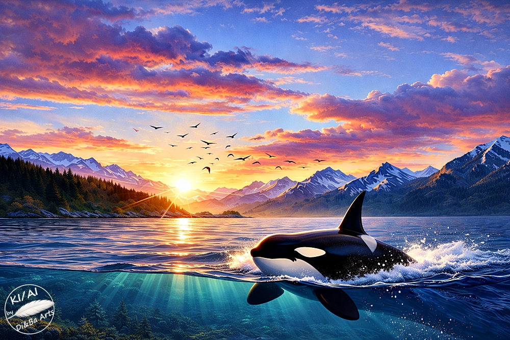 Orca im Licht des Sonnenuntergangs