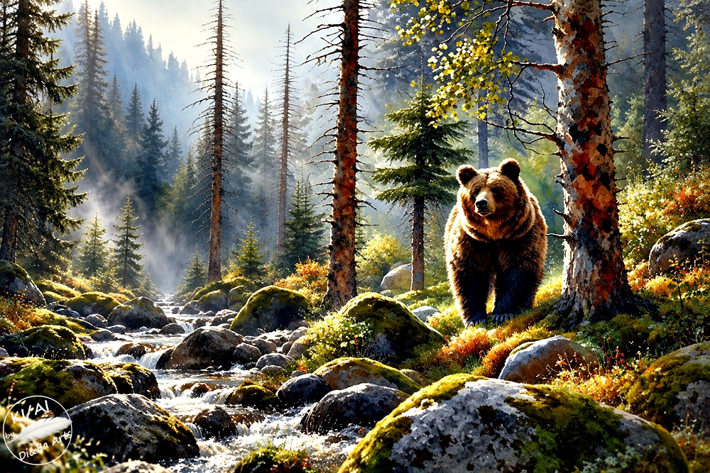 Braunbär am wilden Waldbach
