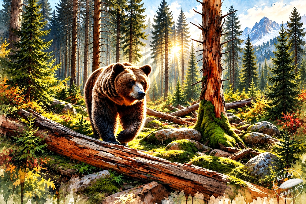 Braunbär im sonnigen Bergwald