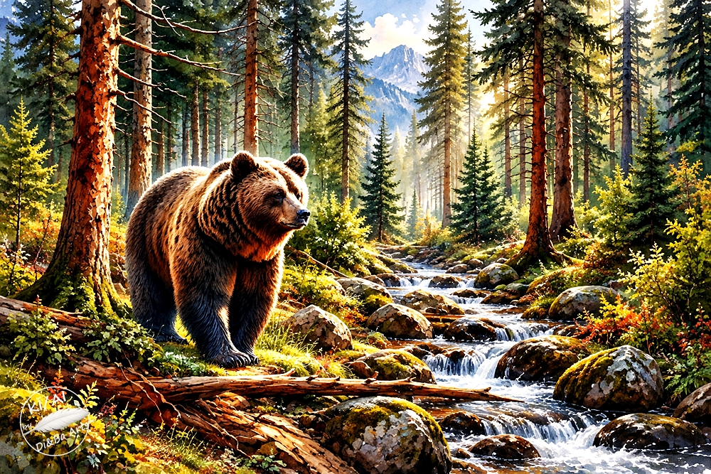 Braunbär am wilden Gebirgsbach