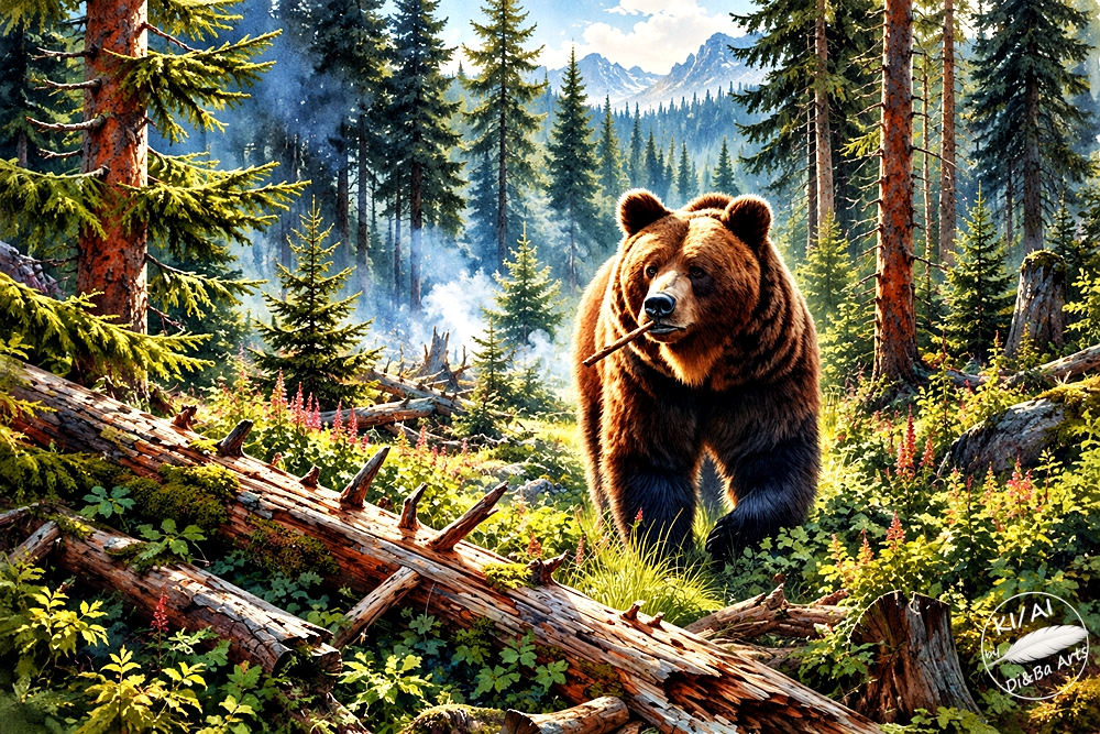 Braunbär mit Zweig im Wald