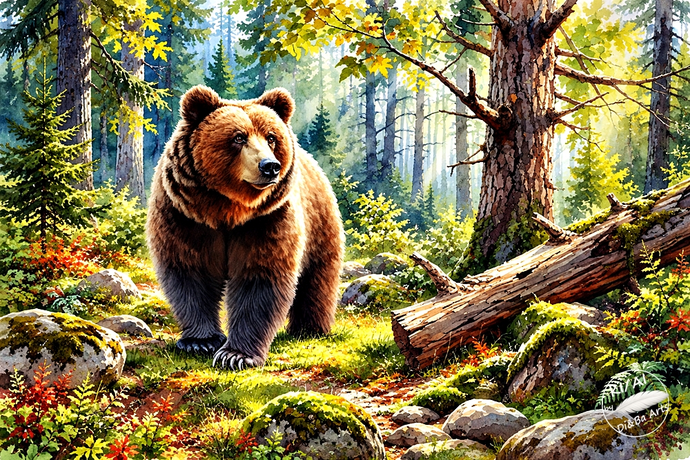 Braunbär im sonnigen Wald