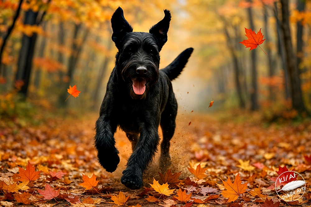 Schnauzer rennt durchs Herbstlaub