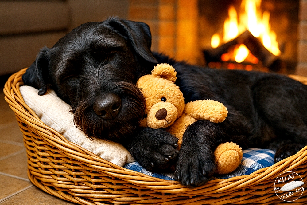 Schnauzer kuschelt mit Teddy