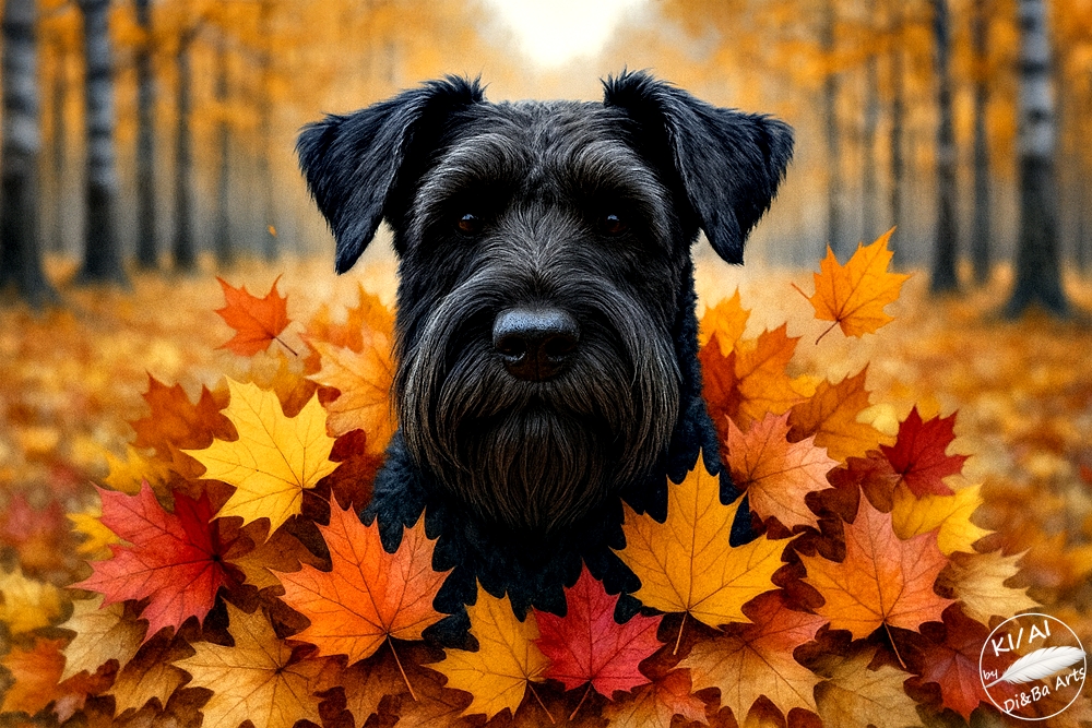 Schnauzer mitten im Herbstlaub