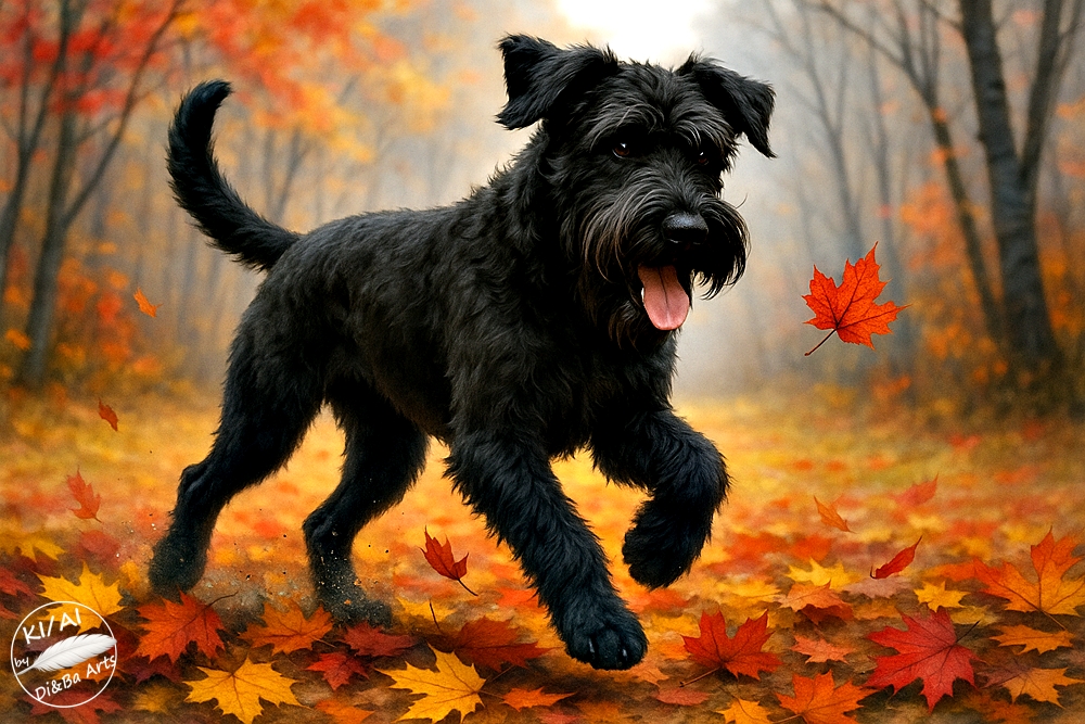 Schnauzer wirbelt durchs Laub