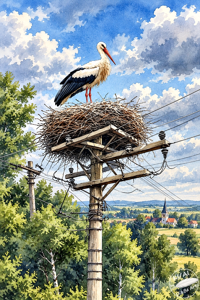 Storch auf dem Strommast