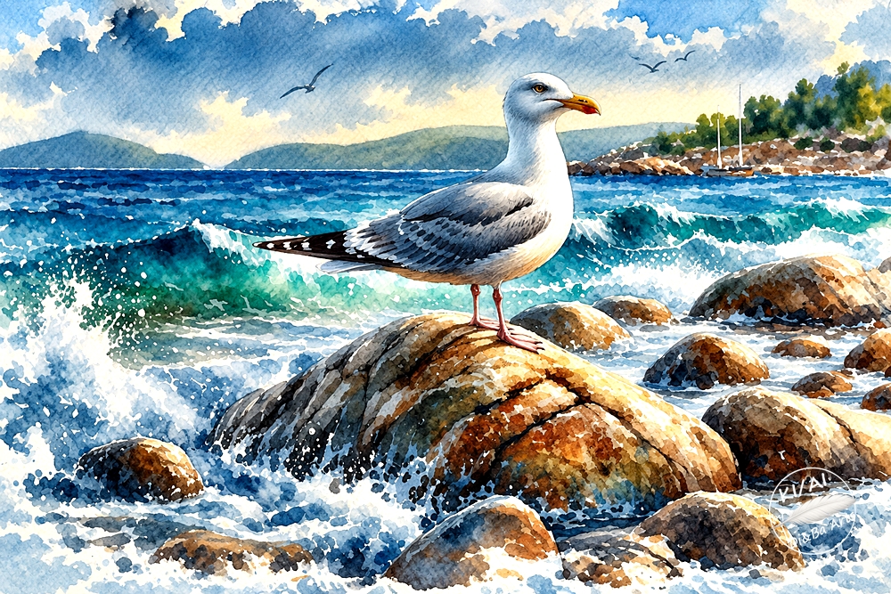 Möwe zwischen Wellen und Felsen