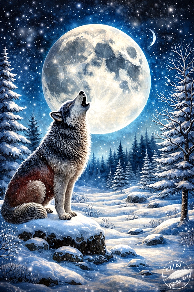 Wolf heult zum Vollmond
