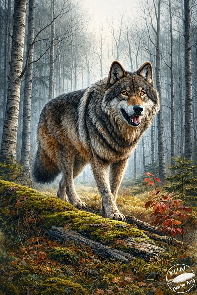 Wolf im stillen Birkenwald