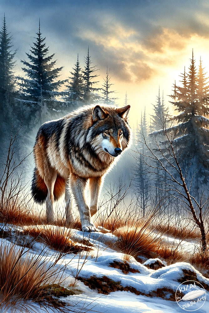 Wolf im verschneiten Bergwald