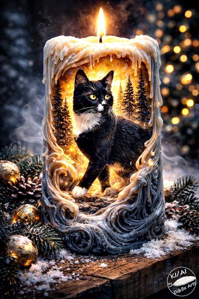 Weihnachtskatze in der Kerze