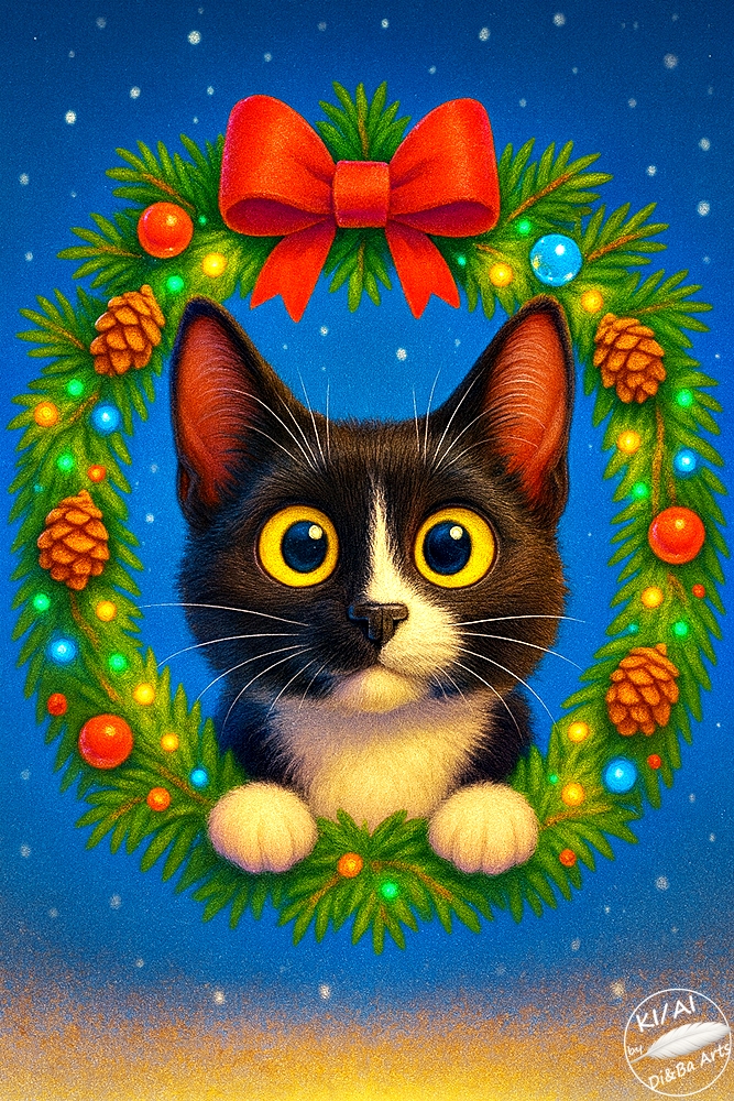 Weihnachtskatze im Tannenkranz