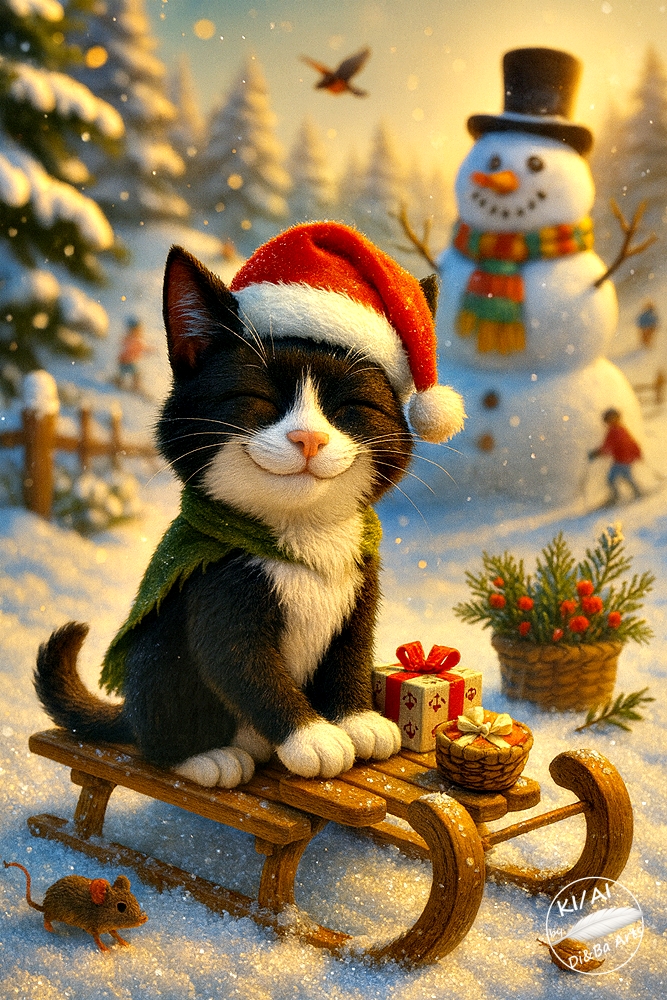Weihnachtskatze auf dem Schlitten