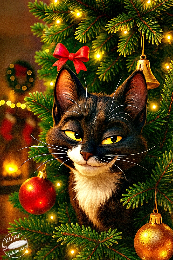 Freche Katze im Weihnachtsbaum
